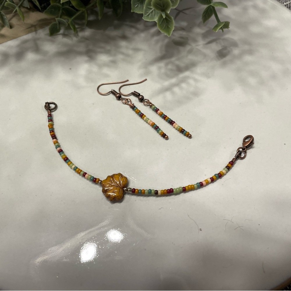 Handmade Boho Fall Leaf Beaded Bracelet and Dangle Earrings Set